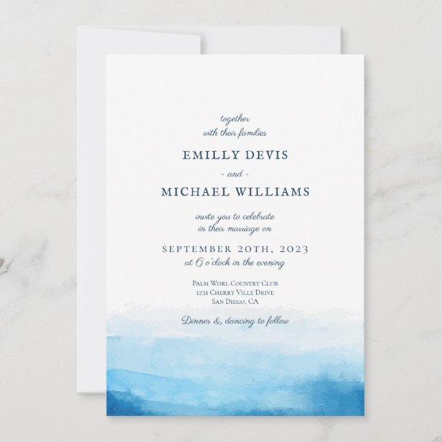 Faire-part de mariage Blue Ocean Watercolor (Devant)