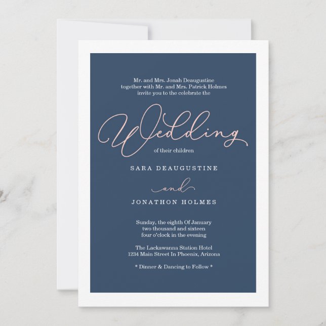 Faire-part de mariage Blush & Navy Calligraphy (Devant)