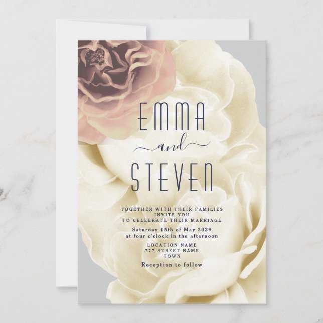 Faire-part de mariage bohème floral rose et bleu (Devant)