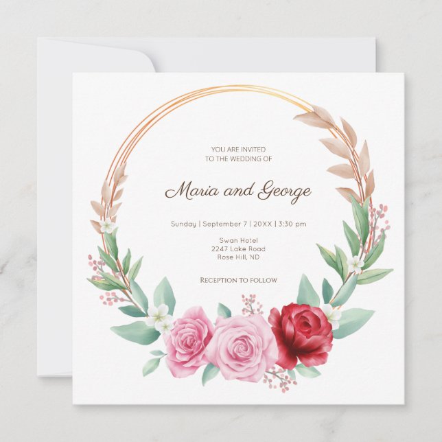 Faire-part de mariage boho à couronne fleurie doré (Devant)