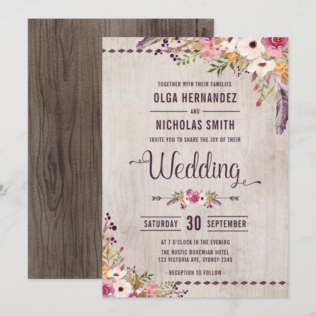 Faire-part de mariage Boho de Russe Floral (Devant / Derrière)