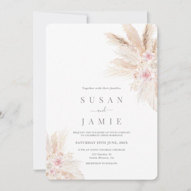 Faire-part de mariage Boho Pampas Rose (Devant)