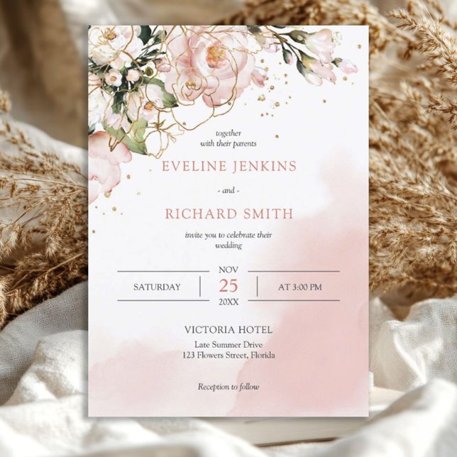 Faire-part de mariage Boho rose vif Rose (watercolor blush pink roses eucalyptus and gold wedding invitation)