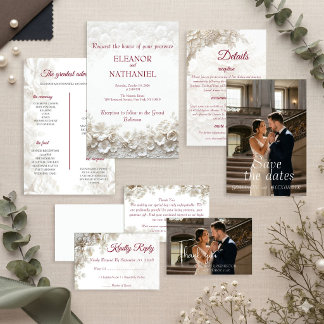 Faire-part de mariage bordeaux floral blanc 3D