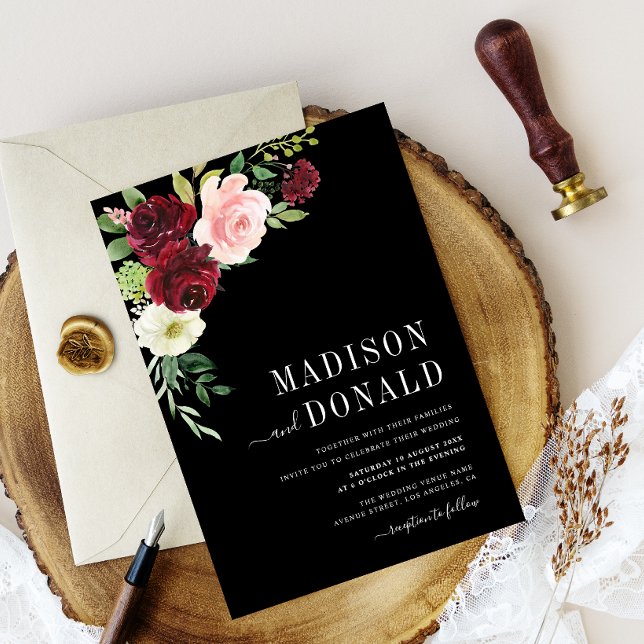 faire-part de mariage bordeaux floral noir (Créateur téléchargé)