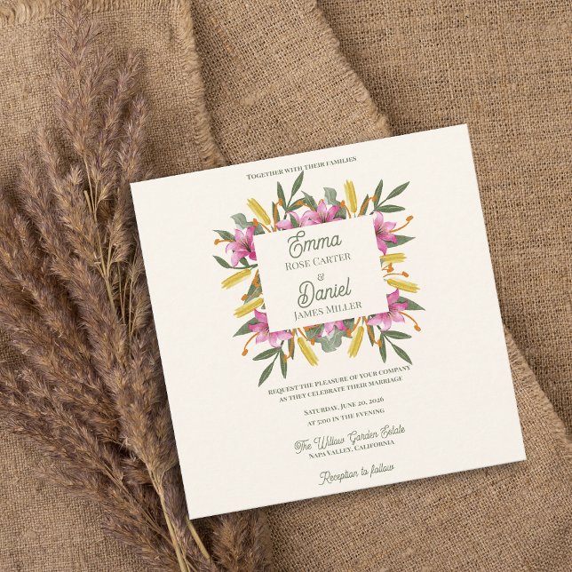 Faire-part de mariage botanique à la rose lily ros (Blush Pink Lily Botanical Wedding Invitation | Romantic Watercolor Floral Garden Wedding Invitation)