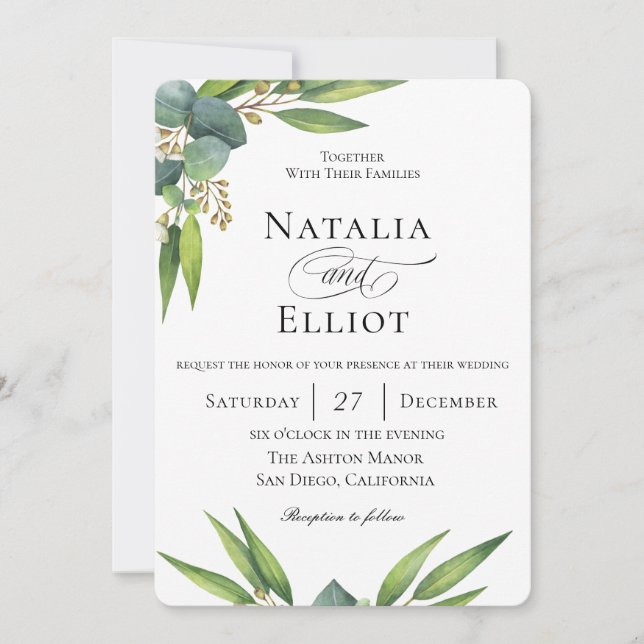 Faire-part de mariage botanique d'Eucalyptus (Devant)