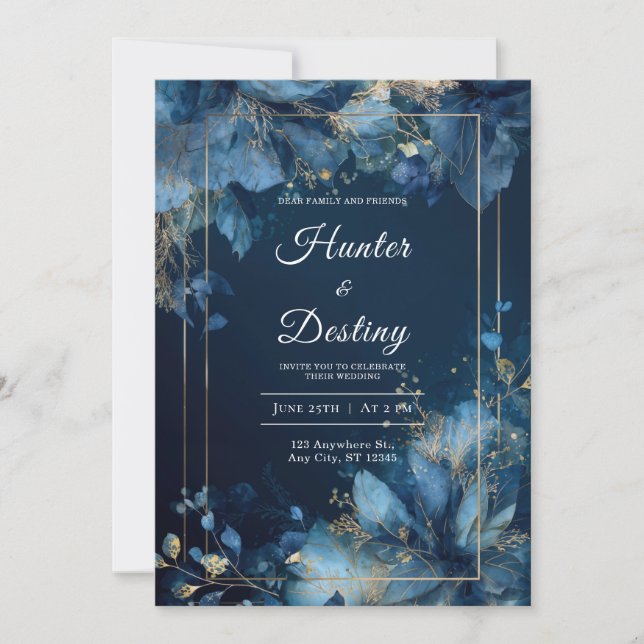 Faire-part de mariage botanique en or bleu marine (Devant)