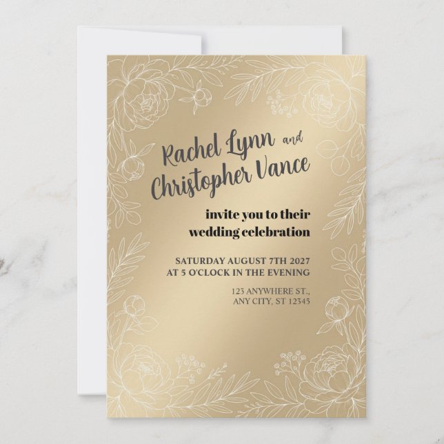 Faire-part de mariage botanique en satin champagne (Devant)