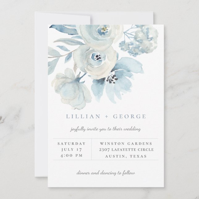 Faire-part de mariage Bouquet Floral Bleu Aérien (Devant)