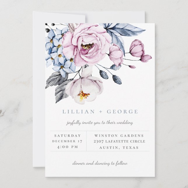 Faire-part de mariage Bouquet Floral Bleu Poussiér (Devant)