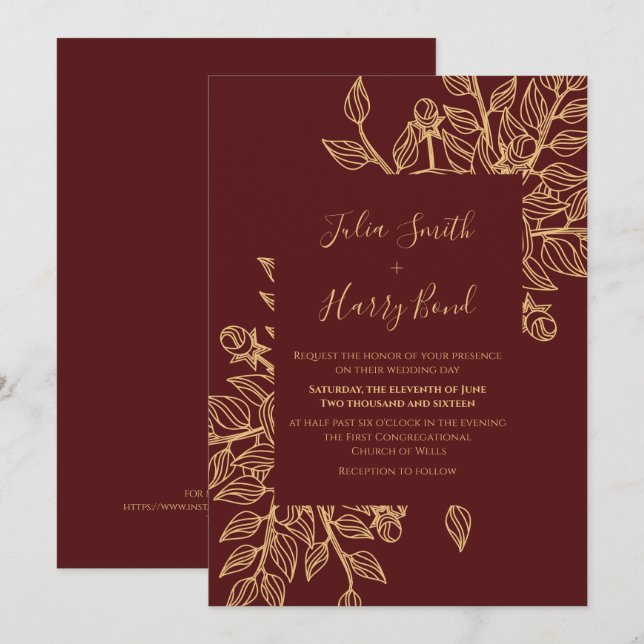 Faire-part de mariage bourgogne Feuille d'or moder (Devant / Derrière)