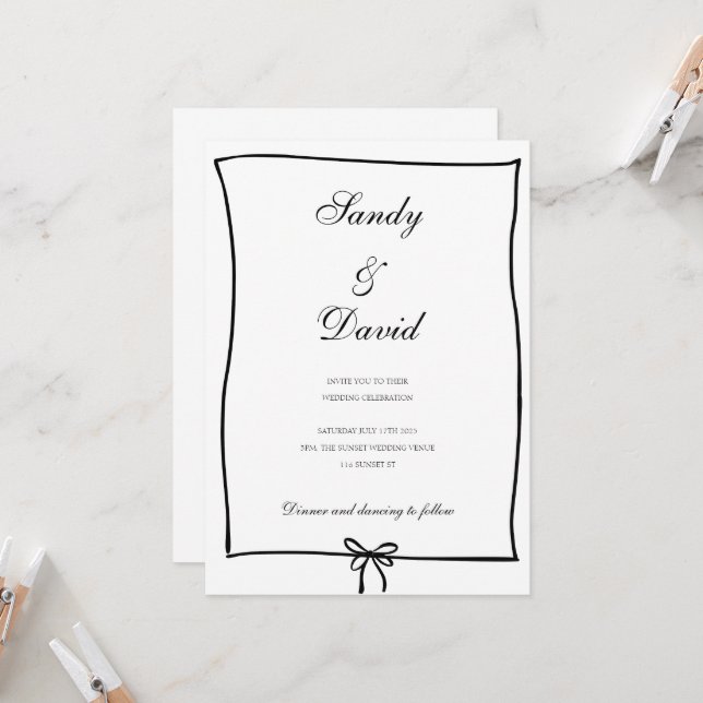 Faire-part de mariage - Bow noir et blanc (Devant/Arrière en situation)