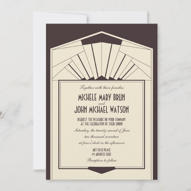 Faire-part de mariage Brown Art Déco Retro (Devant)
