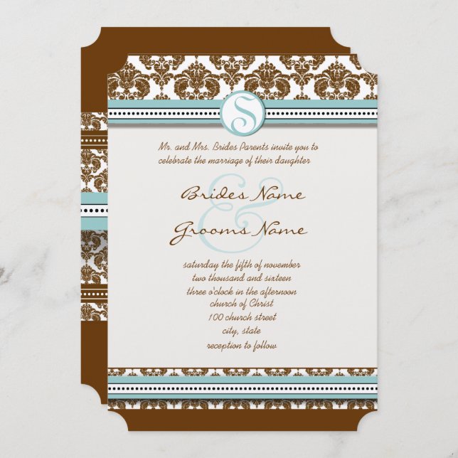 Faire-part de mariage Brown Damask Aqua Blue Trim (Devant / Derrière)