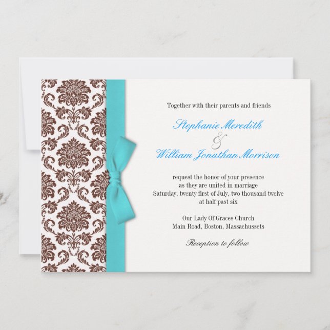 Faire-part de mariage Brown Damask Aqua Bow (Devant)