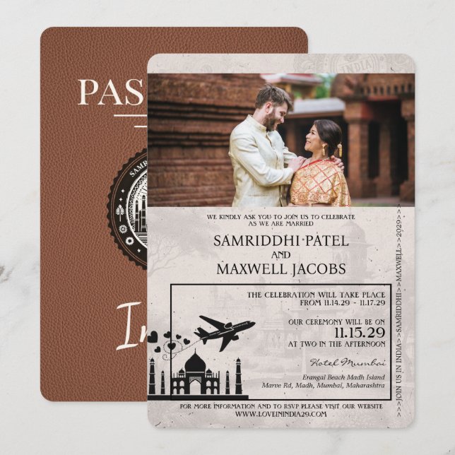 Faire-part de mariage Brown India Passport (Devant / Derrière)