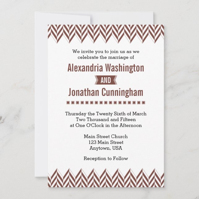 Faire-part de mariage Brown White Herringbone (Devant)