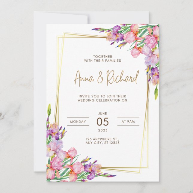 faire-part de mariage Cadre doré fleurs rose (Devant)
