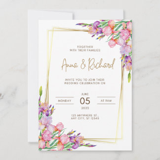 faire-part de mariage Cadre doré fleurs rose