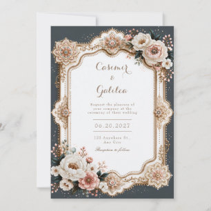 Faire-part de mariage cadre mandala ivoire rose