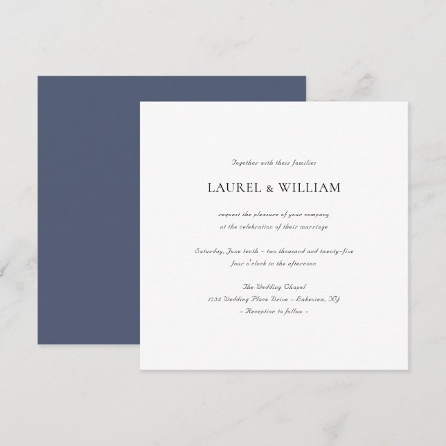 Faire-part de mariage Carré bleu simple et élégant (Devant / Derrière)