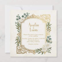 Faire-part de mariage carré Ivory Gold Greenery