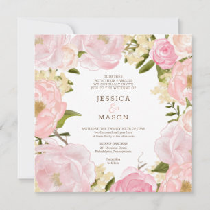 Faire-part de mariage carré Pink Floral Peonies