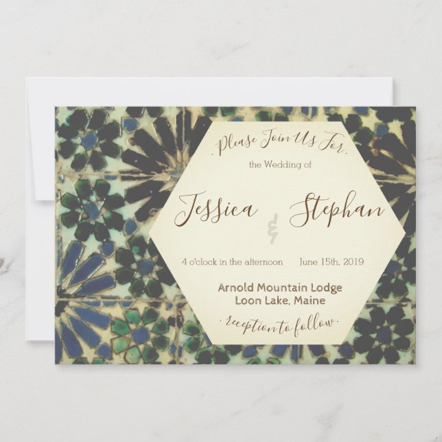 Faire-part de mariage Carreaux bleu géométrique (Devant)