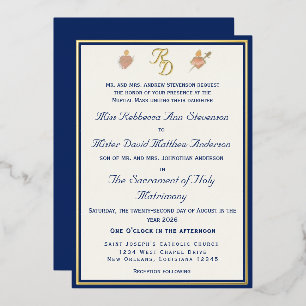 Faire-part de mariage catholique Bleu & Or Deux Cœ