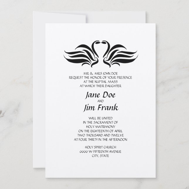 Faire-part de mariage catholique formel de cygnes (Devant)