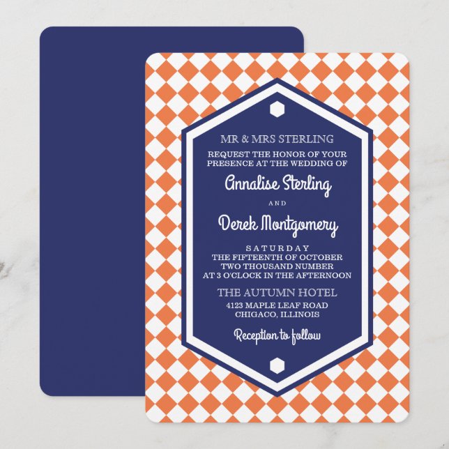 Faire-part de mariage Checkered orange et du bleu (Devant / Derrière)