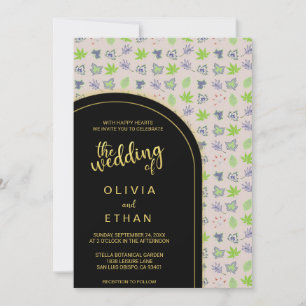 Faire-part de mariage chic noir et or motif automn