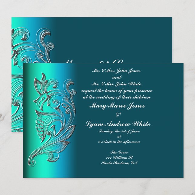 Faire-part de mariage classique Aqua intégrée (Devant / Derrière)