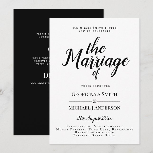 Faire-part de mariage classique de typographie noi (Devant / Derrière)