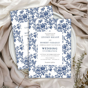 Faire-part de mariage classique toile de Jouy bleu