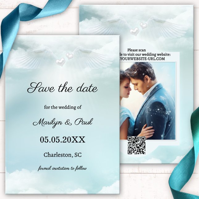 Faire-part de mariage Cloud Nine Angel Wings Photo (Wedding Save the Date card featuring a dreamy design with angel wings and hearts on cloud nine)