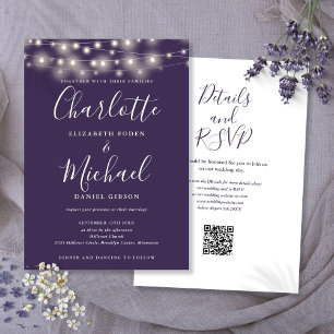 Faire-part de mariage Code QR Violet Guirlande Lum