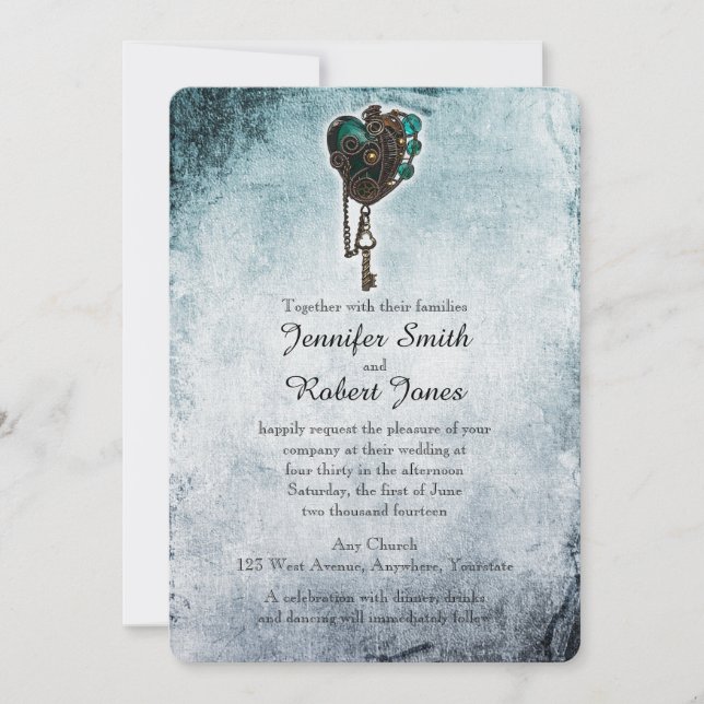 Faire-part de mariage Coeur Turquoise Steampunk (Devant)