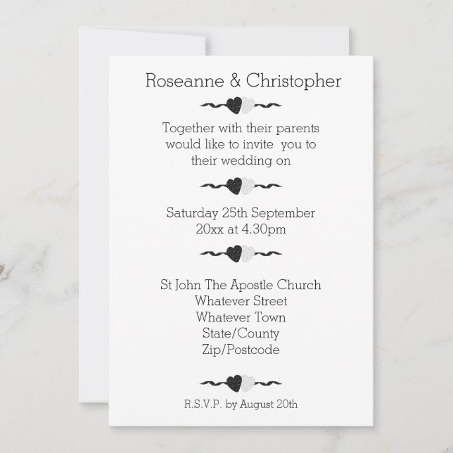 Faire-part de mariage Coeurs Noir Et Blanc (Devant)