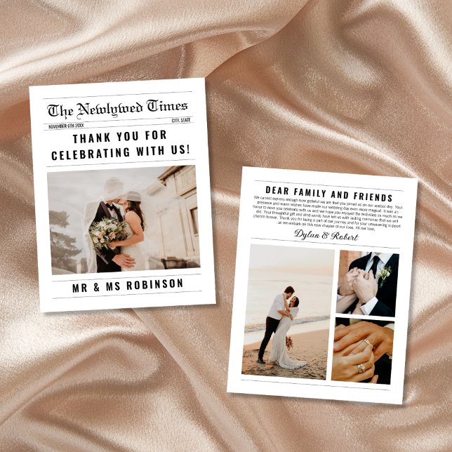 Faire-part de Mariage Collage Photo Élégant de Jou (newspaper wedding thank you card 4 photo collage elegant black and white)