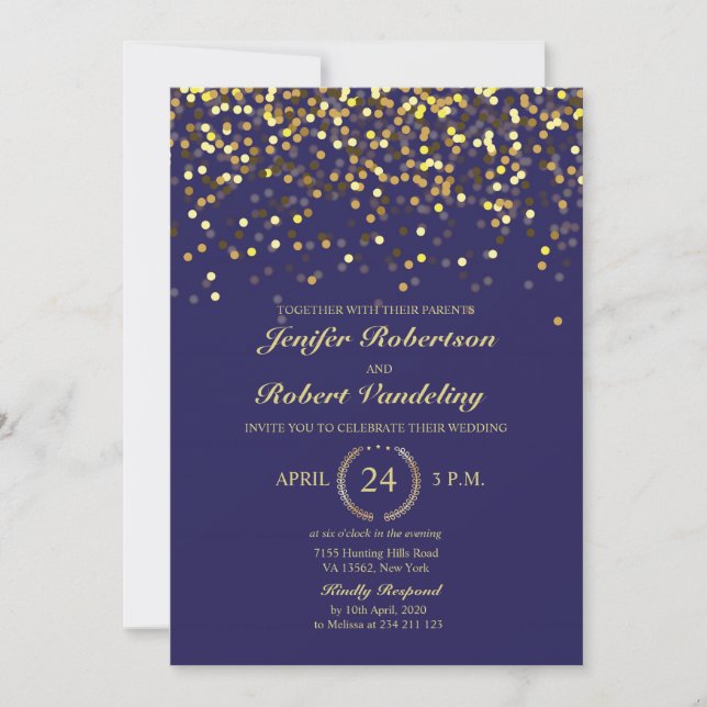 Faire-part de mariage Confetti Marine et Gold (Devant)