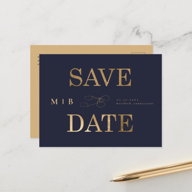 Faire-part de mariage contemporain Navy Monogram O (Devant/Arrière en situation)