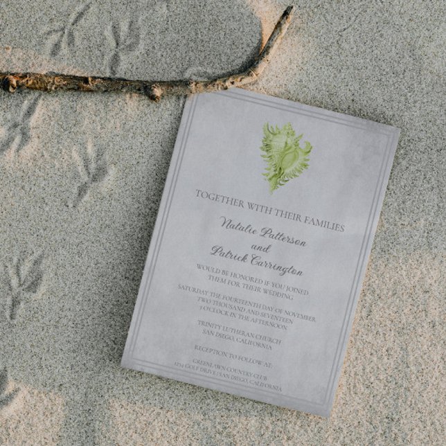 Faire-part de mariage Coque conique vert (Green Conch Shell Wedding Invitation)