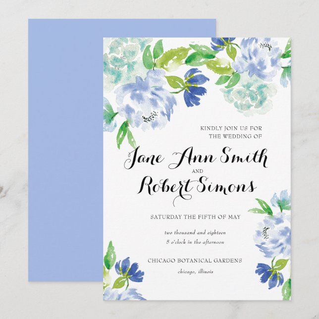Faire-part de mariage couleur bleu et vert (Devant / Derrière)