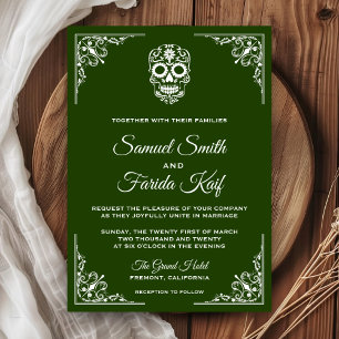Faire-part de mariage Crâne en sucre vert et blanc