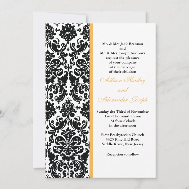 Faire-part de mariage d'accent jaune doré damassé (Devant)