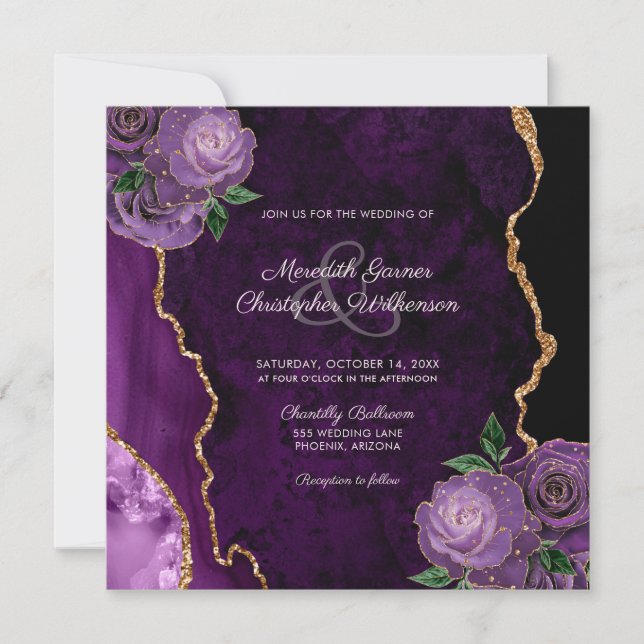Faire-part de mariage d'âge Rose Floral violet or (Devant)