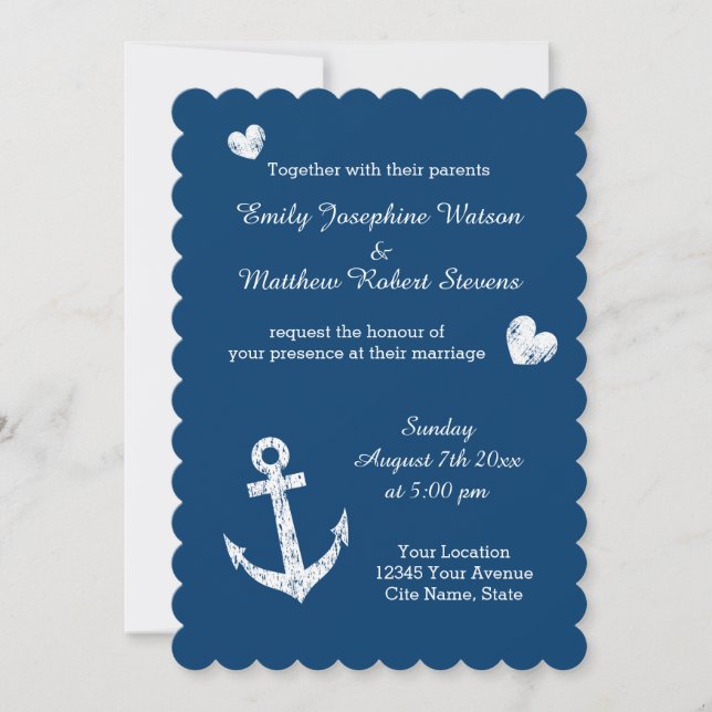 Faire-part de mariage d'ancrage bleu marine (Devant)