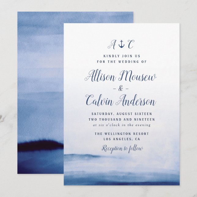 faire-part de mariage d'ancrage nautique bleu aqua (Devant / Derrière)